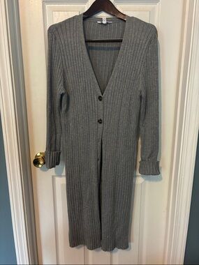Long Ribbed Gray Button-Front Cardigan Sweater